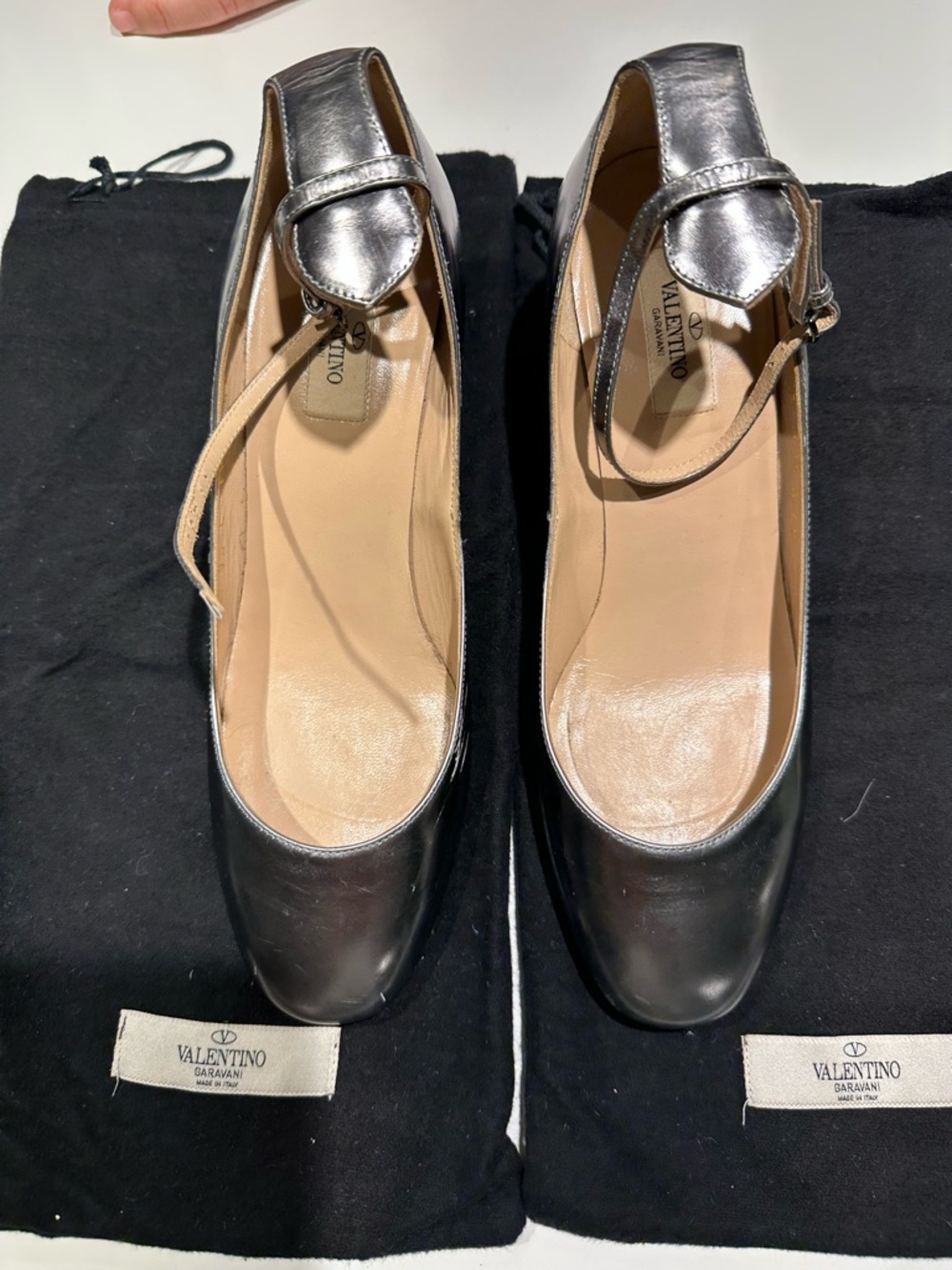 Valentino Garavani Metallic Silver Square-Toe Flats with Ankle Strap
